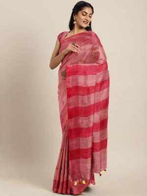 Pink Red Linen By Linen Saree From Bhagalpur