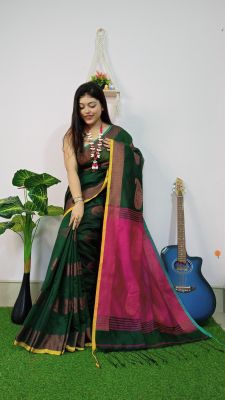 Dark Green Pure Handloom Silk Cotton Saree From Bengal