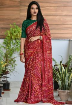 Brick Red Bagru Block Print Cotton Mulmul Saree From Rajasthan