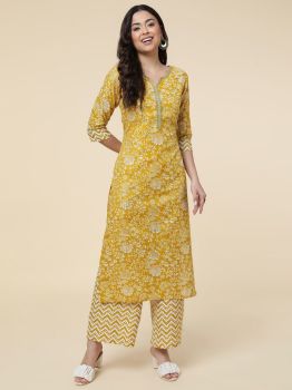 Yellow Kurta Palazzo Set Poly Cotton Foil Print Round Neck