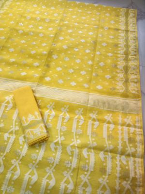 Yellow Pure Handloom Dhakai Jamdani Saree From Bengal