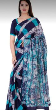 Pacific Blue And Dark Blue Bagru Block Print Cotton Mulmul Saree From Rajasthan