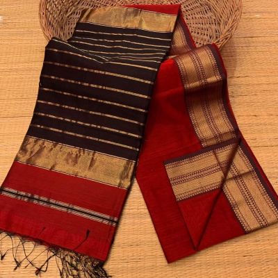 Red Black Pure Handloom Maheshwari Silk Cotton Saree From Bengal