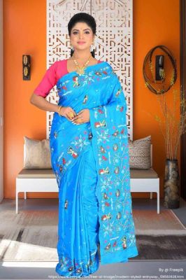 Aqua Blue Handloom Kantha Stitch Saree From Bengal