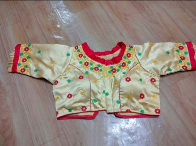 Cream Flower Raw Silk Pad Readymade Blouse