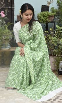 Sea Green Bagru Block Print Cotton Mulmul Saree From Rajasthan