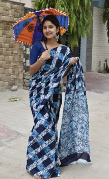 Multi Color Bagru Hand Block Print Cotton Mulmul Saree From Rajasthan