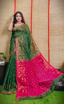 Dark Green Cotton Pure Handloom Butta Saree