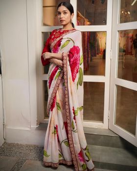 White Red Flower Print Soft Georgette Saree