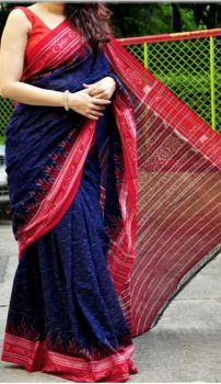 Dark Blue Bagru Block Print Cotton Mulmul Saree With Red Border From Rajasthan