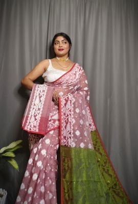 Rose Pink Green Pure Handloom Dhakai Jamdani Saree From Bengal