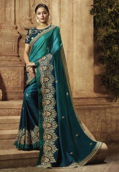 Teal Blue Party Wear Embroidery Work Dolla Silk Saree