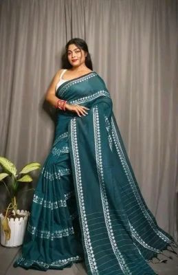 kalpesh Sea Green Pure Handloom Cotton Saree From Bengal