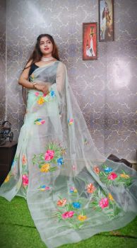 Sea Green Hand Printed Pure Handloom Organza Saree