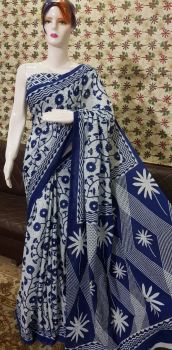 Off White And Blue Bagru Hand Block Print Cotton Mulmul Saree From Rajasthan
