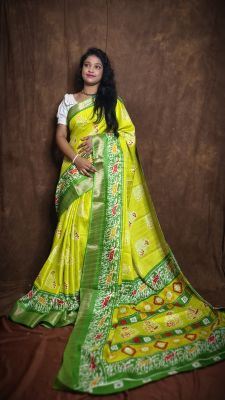 Parrot Green Pure Handloom Tussar Silk Saree From Bengal