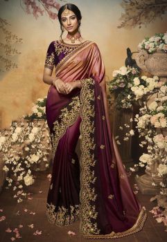 Wine Embroidery Party Wear Dolla Silk Saree