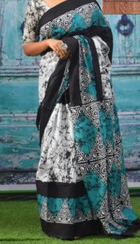 Multi Color Bagru Hand Block Print Cotton Mulmul Saree From Rajasthan