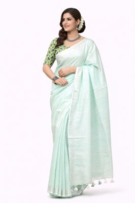 Pure Handloom Linen Mint Green Saree–Timeless Bihar Weave