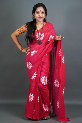 Raspberry Pure Handloom Cotton Saree From Bengal