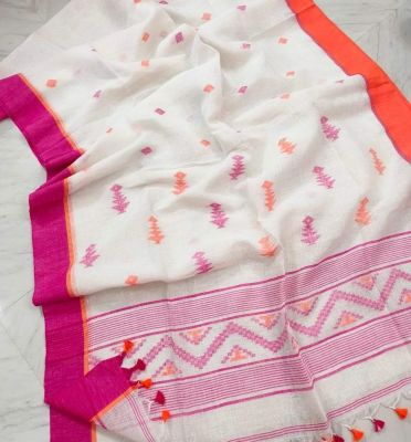 White Pure Handloom Linen By Linen Saree From Bengal