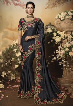 Black Party Wear Embroidery Dolla Silk Saree