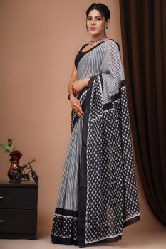 Pastel Grey Printed Cotton mulmul saree