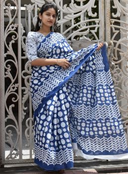 Light Blue Bagru Hand Block Print Cotton Mulmul Saree From Rajasthan