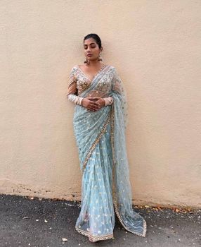 Sky Blue Buti Sequence Work Soft Net Saree