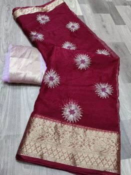Maroon Sequence Work Pure Organza With Zari Pallu And Border.