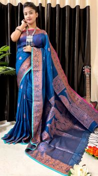 Blue Pure Handloom Soft Cotton By linen Flower Design Saree
