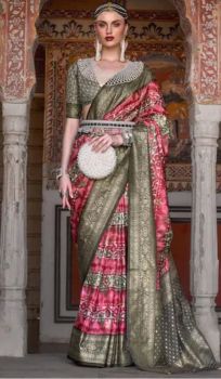 Peach Flower Design Handloom Banarasi Silk Saree From Banaras