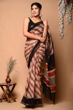 Chocolate BrownHand Block Kota Doriya Printed Leaf Design Saree