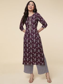 Kurta Palazzo Set Poly Cotton Foil Print Round Neck