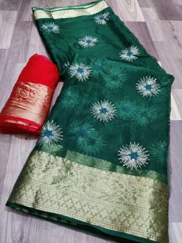 Dark Green Sequence Work Pure Organza With Zari Pallu And Border.