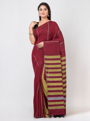 Maroon Pure Handloom Khesh Cotton Saree From Bengal