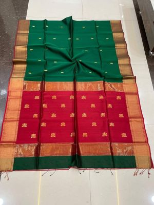 Dark Green Pure Handloom Maheshwari Silk Saree From Bengal