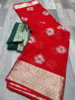 Dark Red Sequence Work Pure Organza With Zari Pallu And Border.
