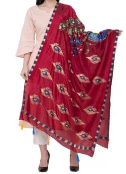 Brick Red Art Silk Peacock Design Dupatta