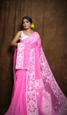 Pink Pure Handloom Dhakai Jamdani Saree From Bengal