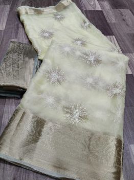 Cream Sequence Work Pure Organza With Zari Pallu and Border.