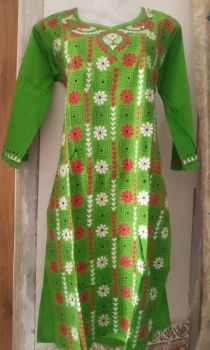 Leaf Green Pure Handloom Cotton Kurti From Bengal