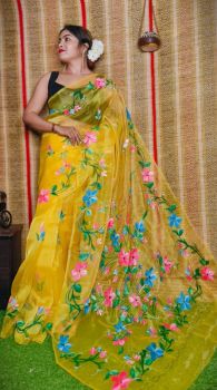 Yellow Hand Printed Pure Handloom Organza Saree