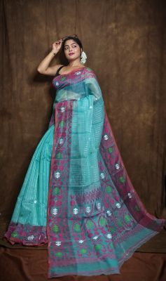 Sky Blue Pure Handloom Dhakai Jamdani Saree From Bengal