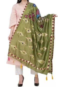 Dark Beige Art Silk Peacock Design Dupatta
