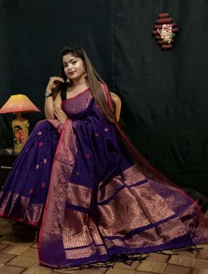 Purple Blue Pure Handloom Dhakai Jamdani Saree From Bengal