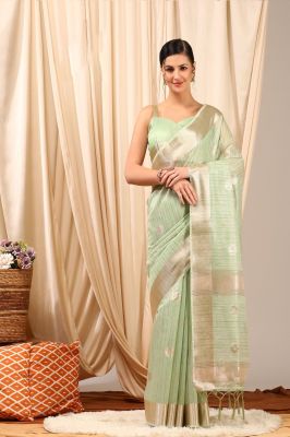 Greyish Green Pure Handloom Silk Cotton Saree From Gujarat