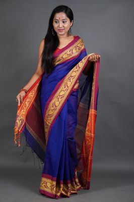 Royel Blue Pure Handloom Cotton Silk Saree From Bengal