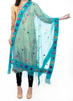 Light Blue Organza Handwork Flower Design Dupatta