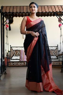 Black Pure Handloom Silk Saree From Bengal
